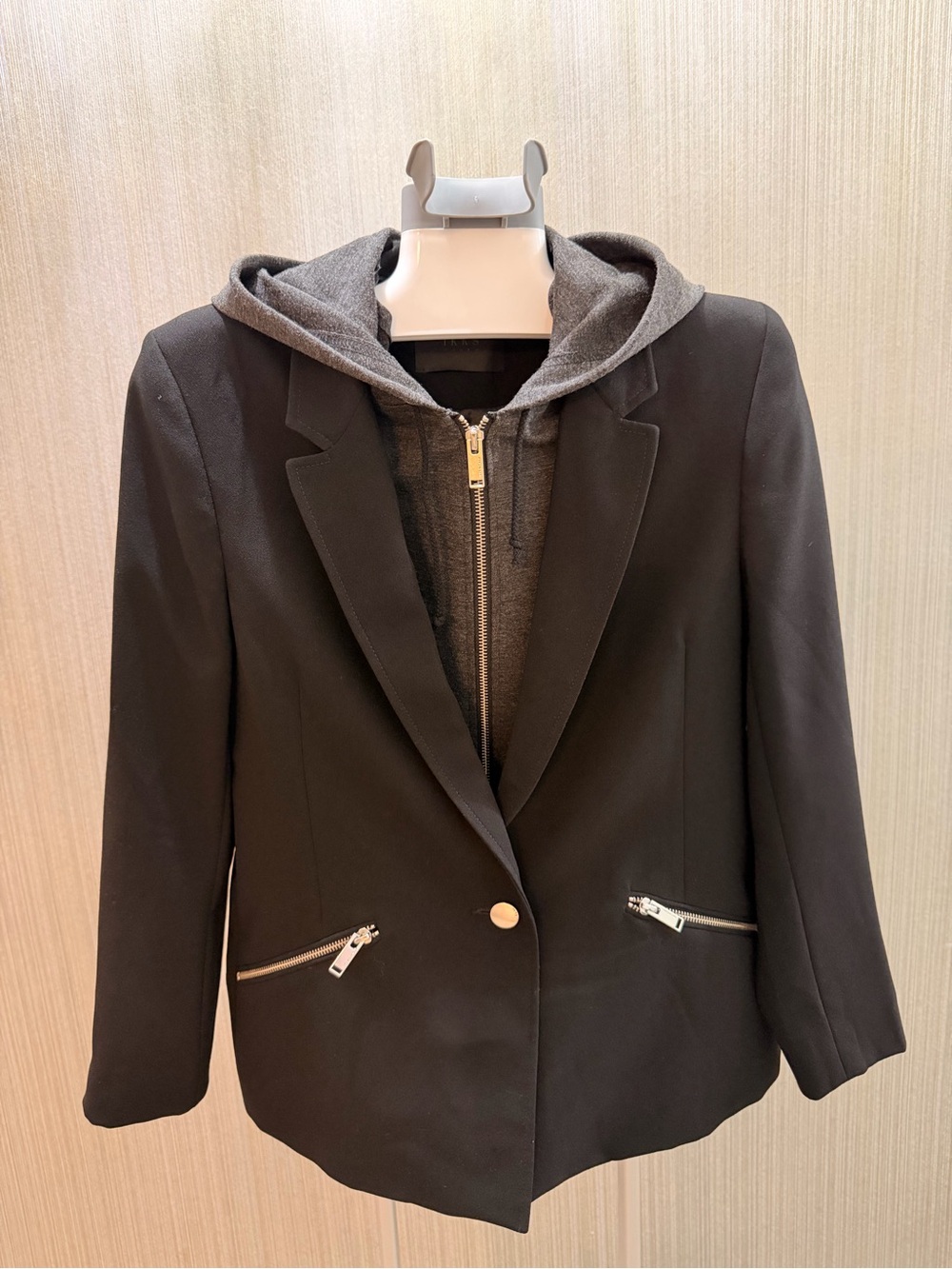 IKKS Women 2-in-1 Black Blazer Removable Hoodie Insert Size 36/S